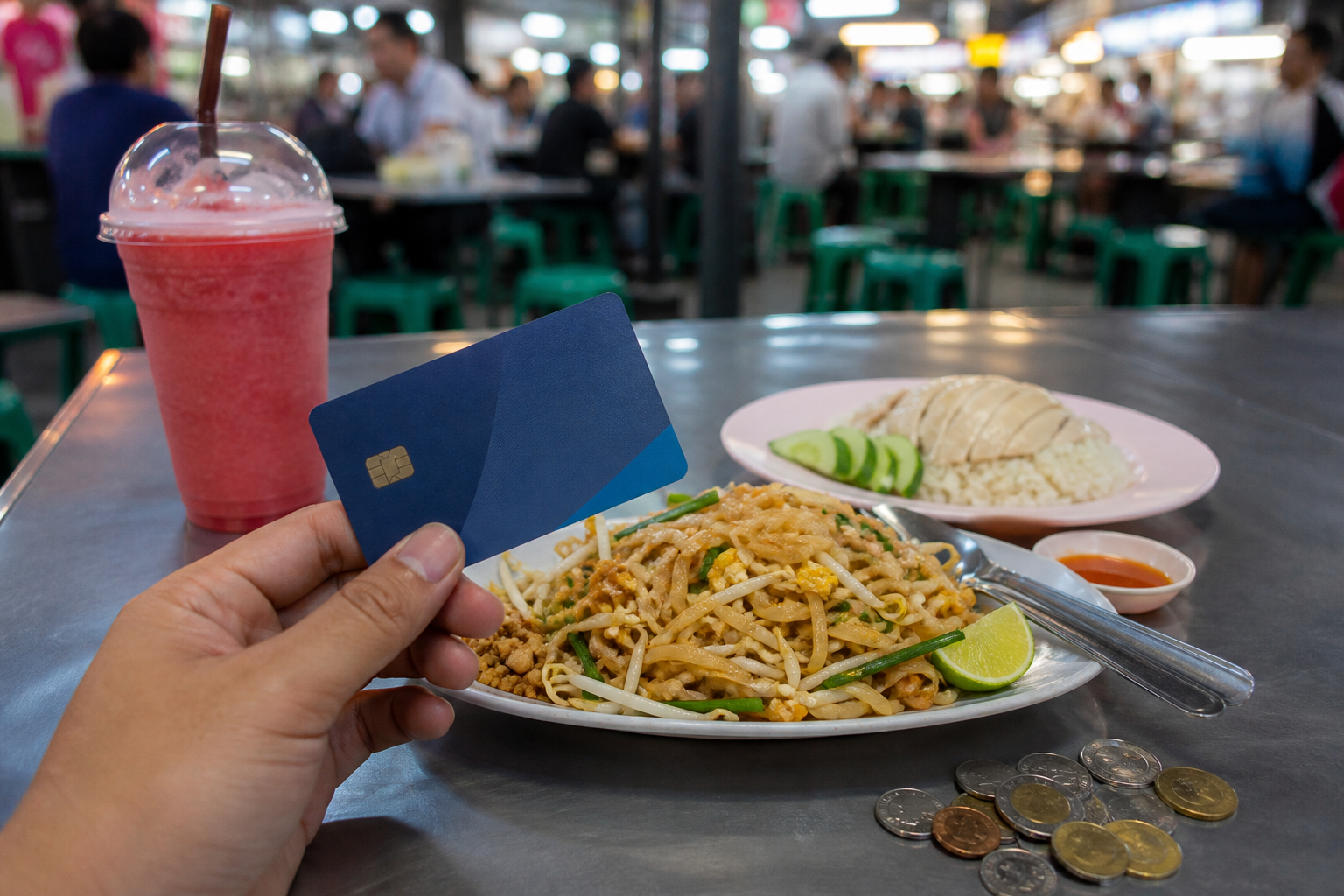 Using the food-court card and choosing a meal