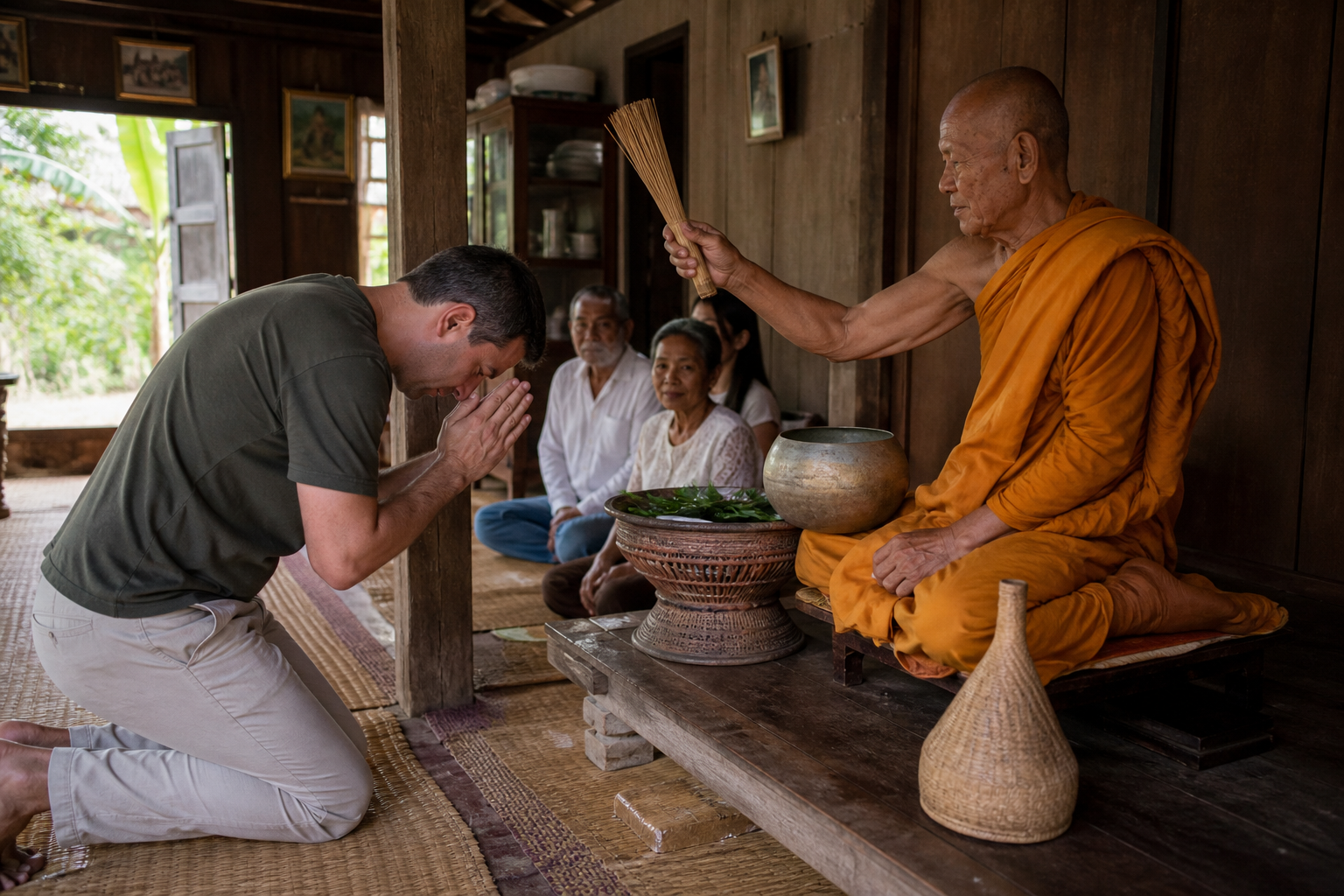 A Monk Blesses a Visitor at a Thai Home