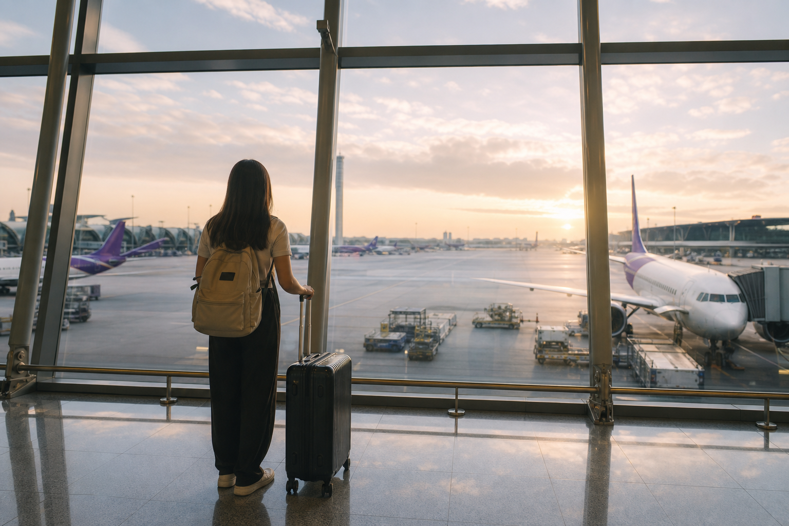 Traveler preparing for a flight from Bangkok to southern Thailand