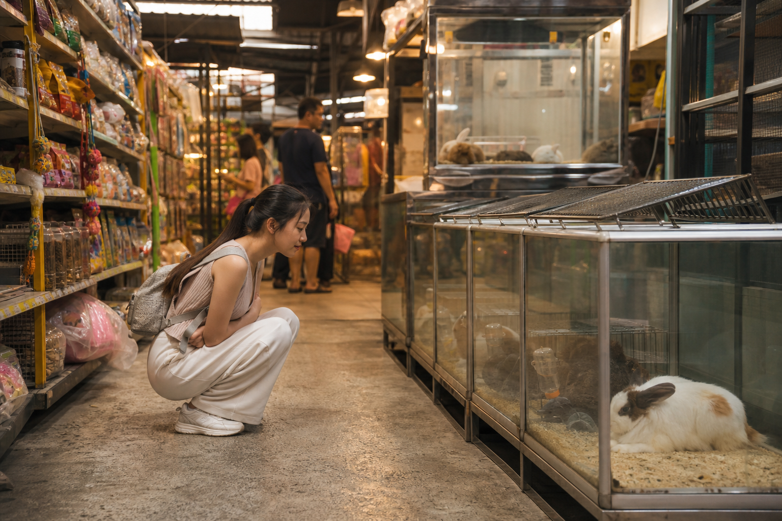 Responsible visitor observing a Bangkok market pet zone