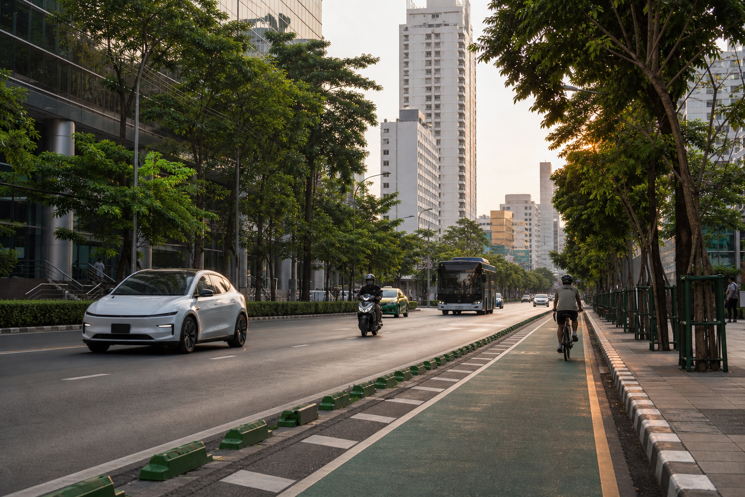 Electric transport and bicycle lane on a Bangkok street