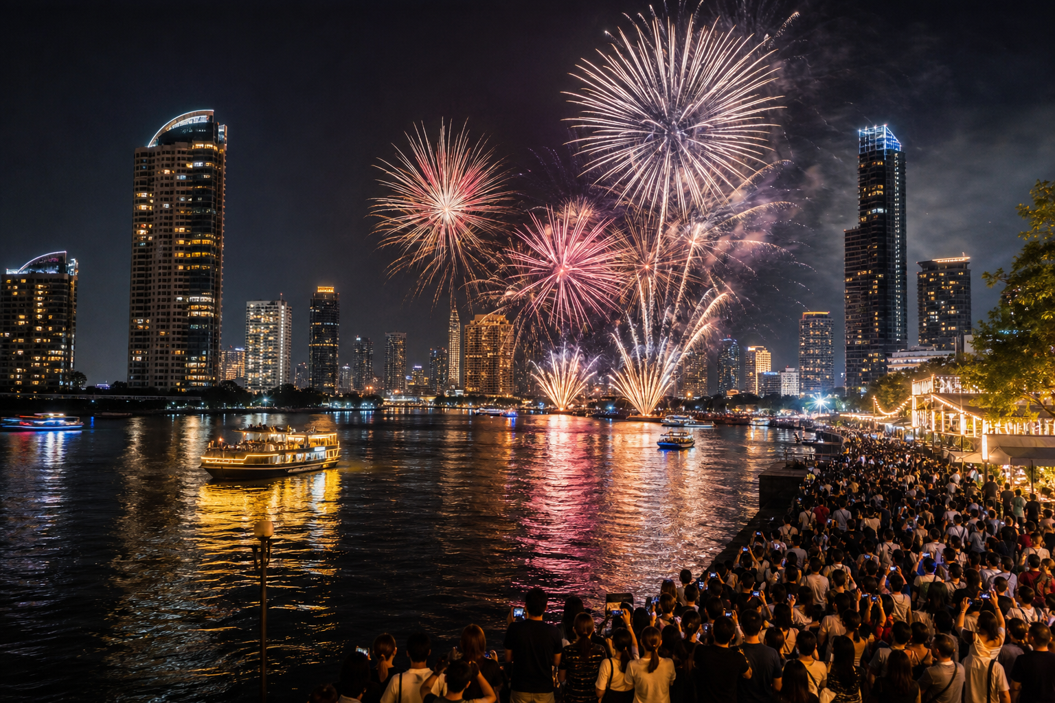 Bangkok riverside New Year countdown fireworks