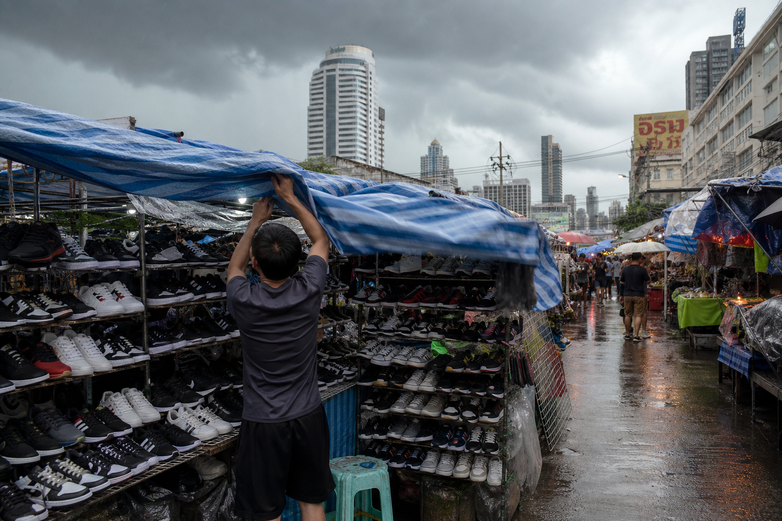 Bargained Sports Shoes and Street Vendors Before the Rain