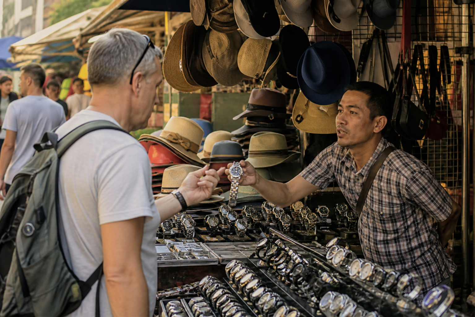 Bargaining for Watches, Shirts and Hats in Bangkok