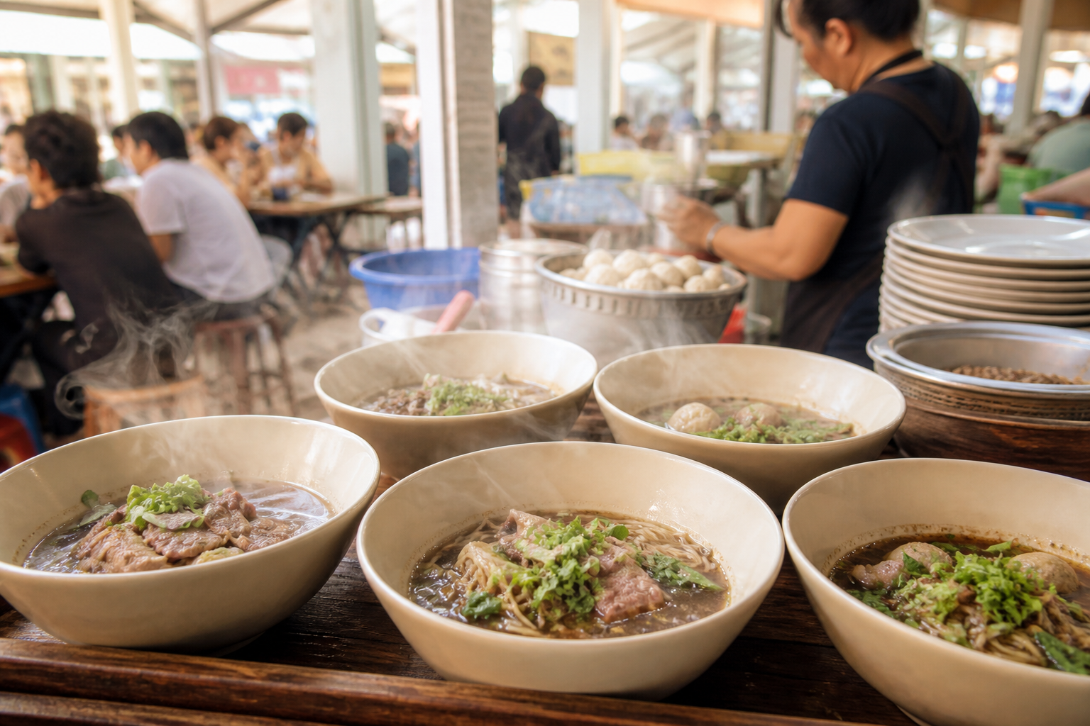 Thai boat noodles served at a Bangkok market food court