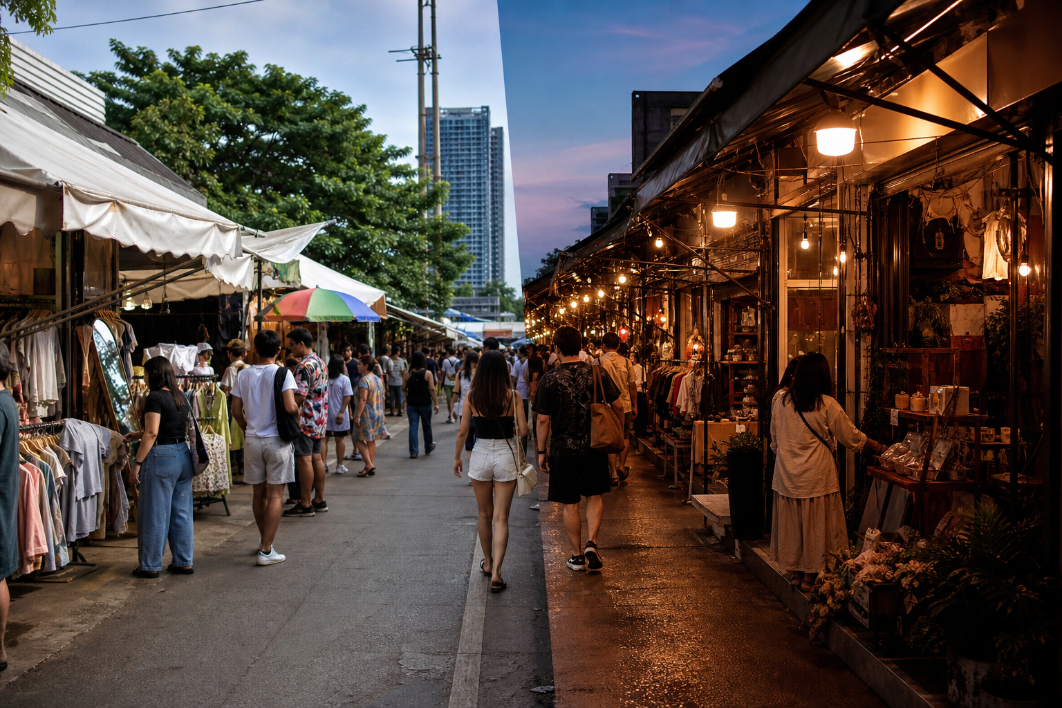 Daytime and nighttime shopping atmosphere at Chatuchak market
