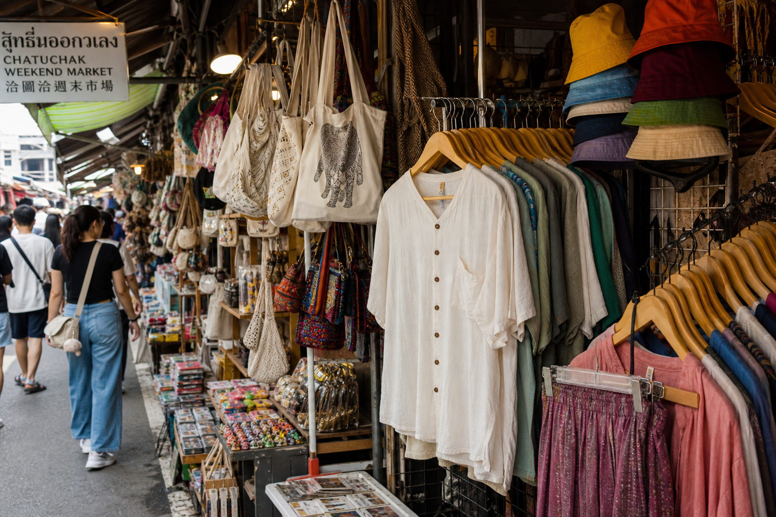 Local clothing hats bags and souvenirs at Chatuchak Weekend Market