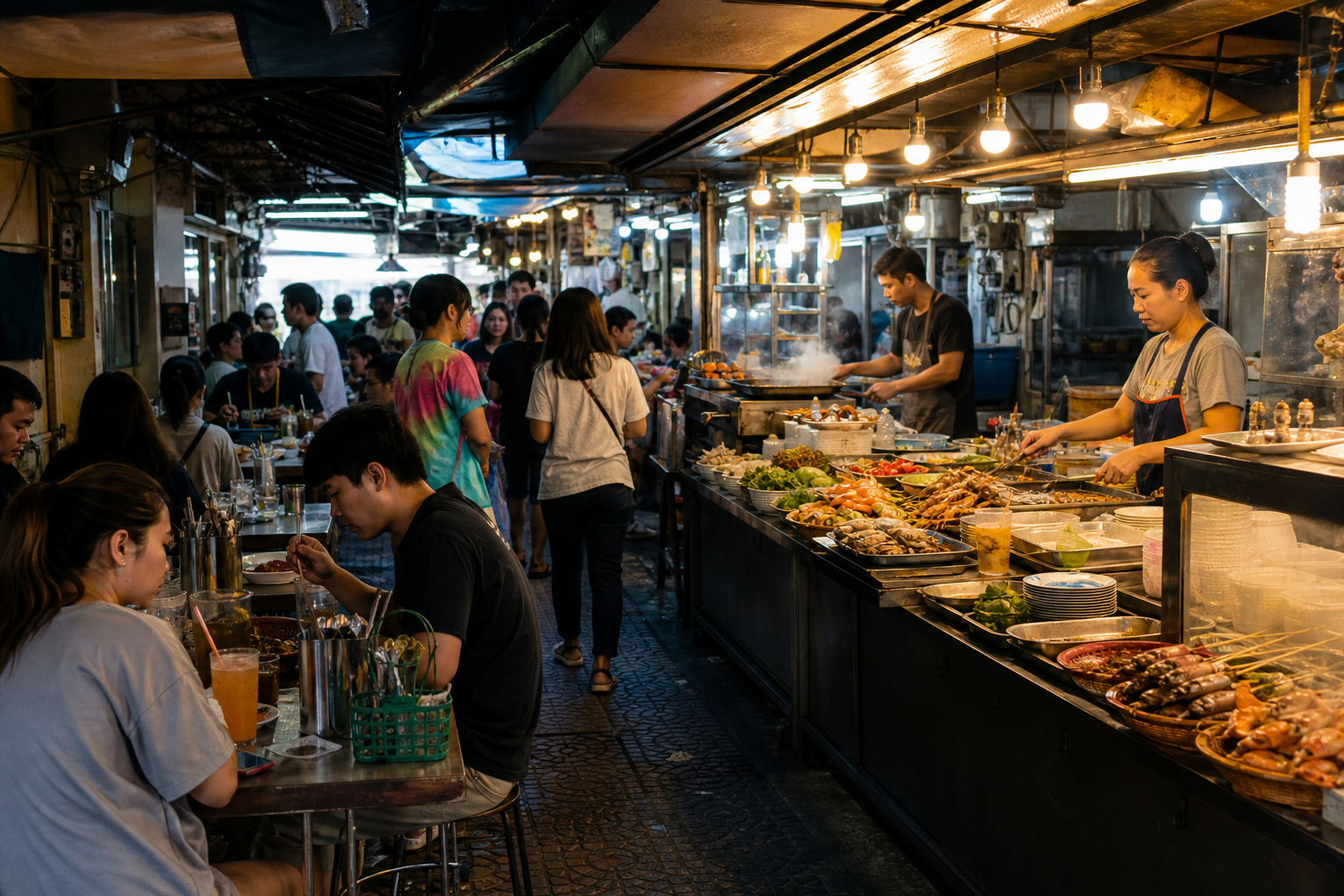 Thai street food stalls and seating inside Chatuchak market
