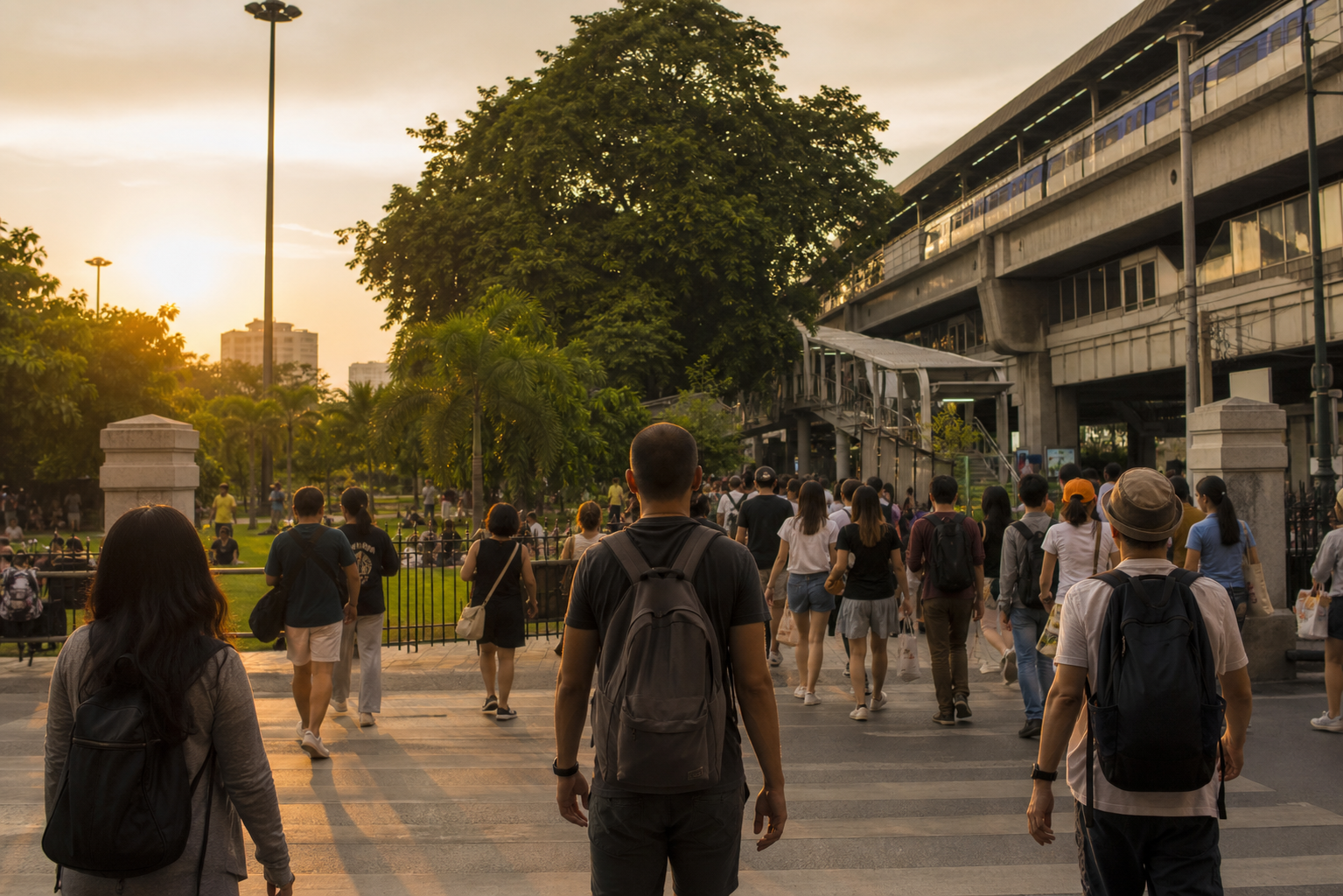 Travelers arriving at Chatuchak Weekend Market near the park at sunset