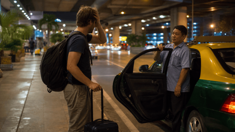 Traveler Leaving a Bangkok Taxi at Night