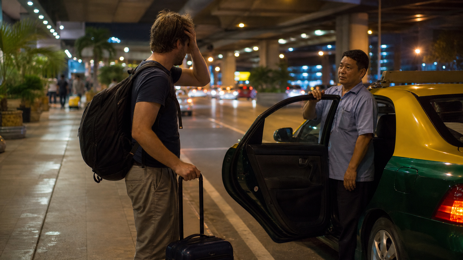 Traveler Leaving a Bangkok Taxi at Night