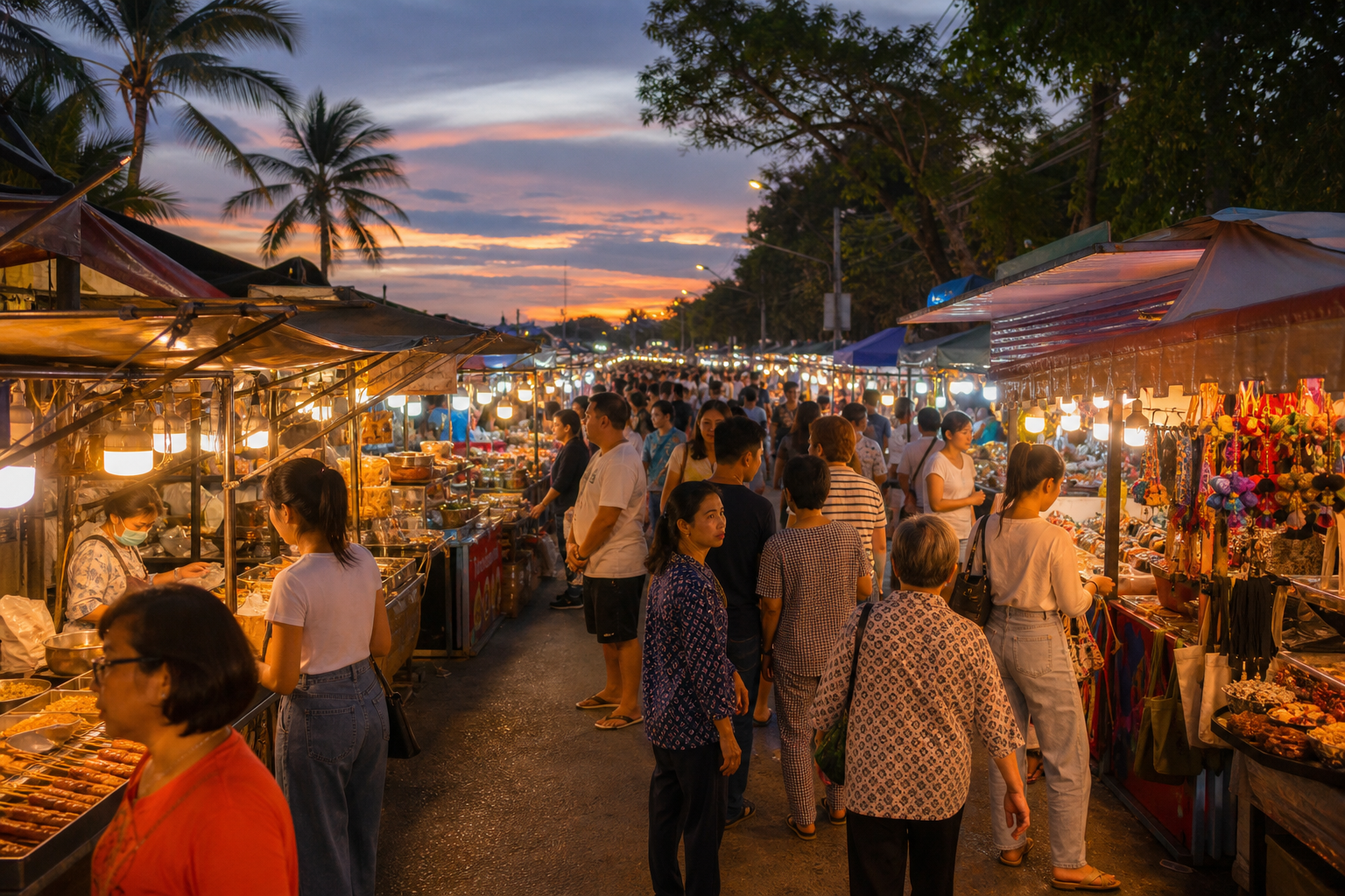Busy Hua Hin night market with food stalls