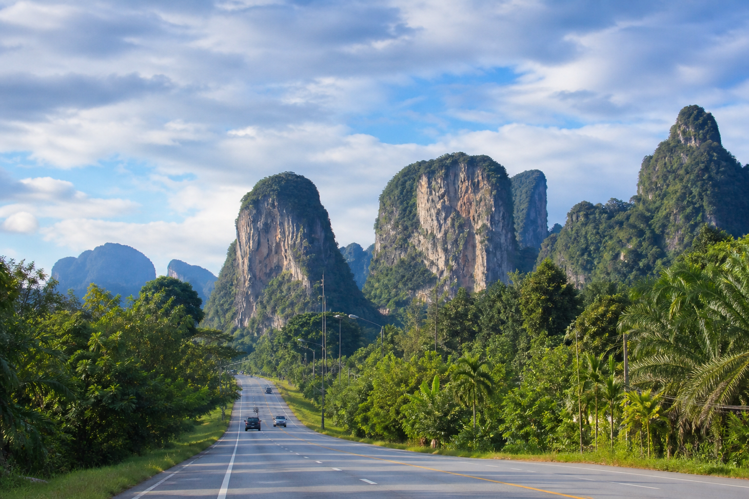 Road from Phuket to Krabi with limestone mountains