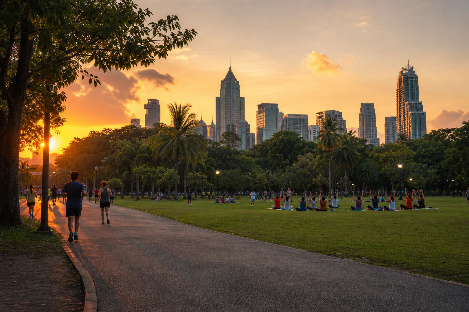 Lumpini Park And Bangkok After Sunset