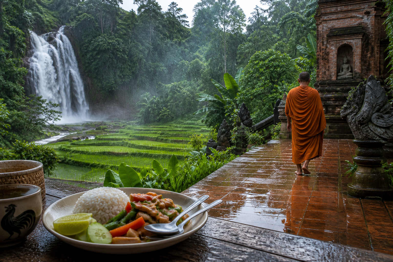 Northern Thailand Rainy Season Chopsticks and Monks