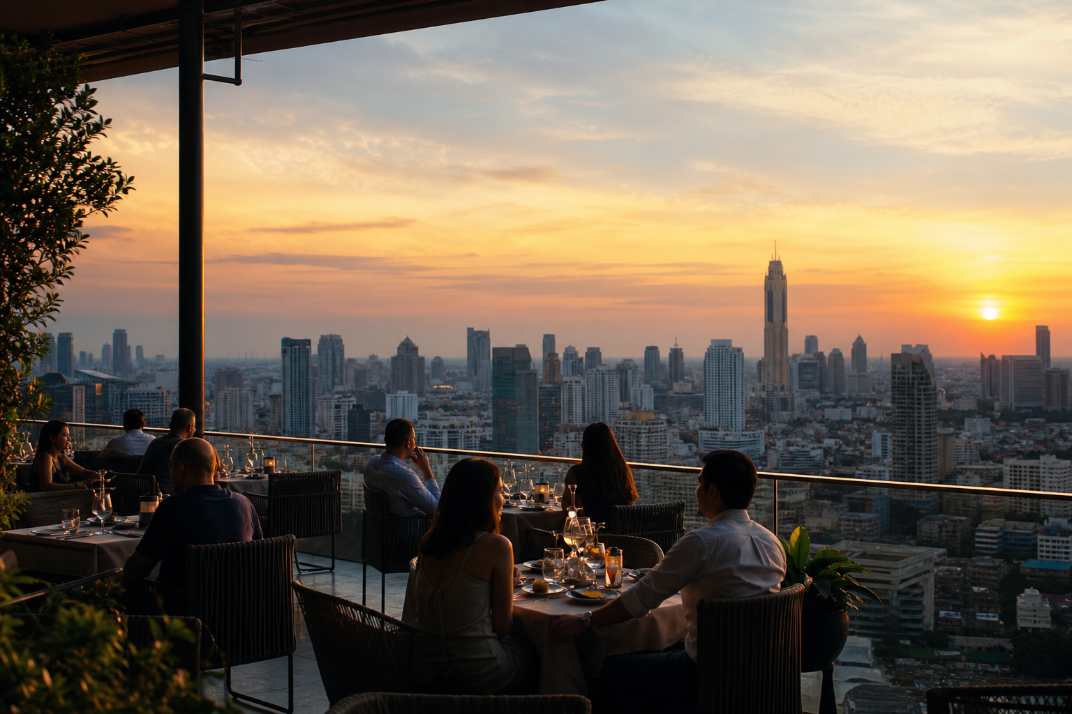 Bangkok city view from a restaurant terrace at sunset