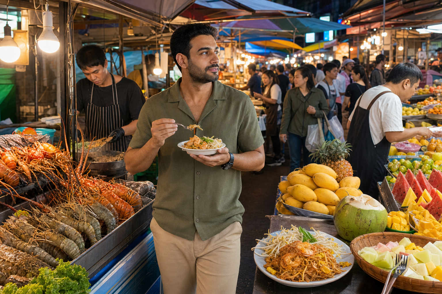 Premium Seafood Pad Thai and Fruit at Sampeng Market