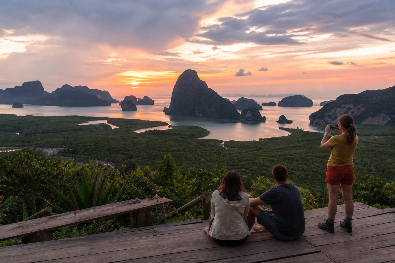 Samet Nangshe viewpoint overlooking Phang Nga Bay at sunset