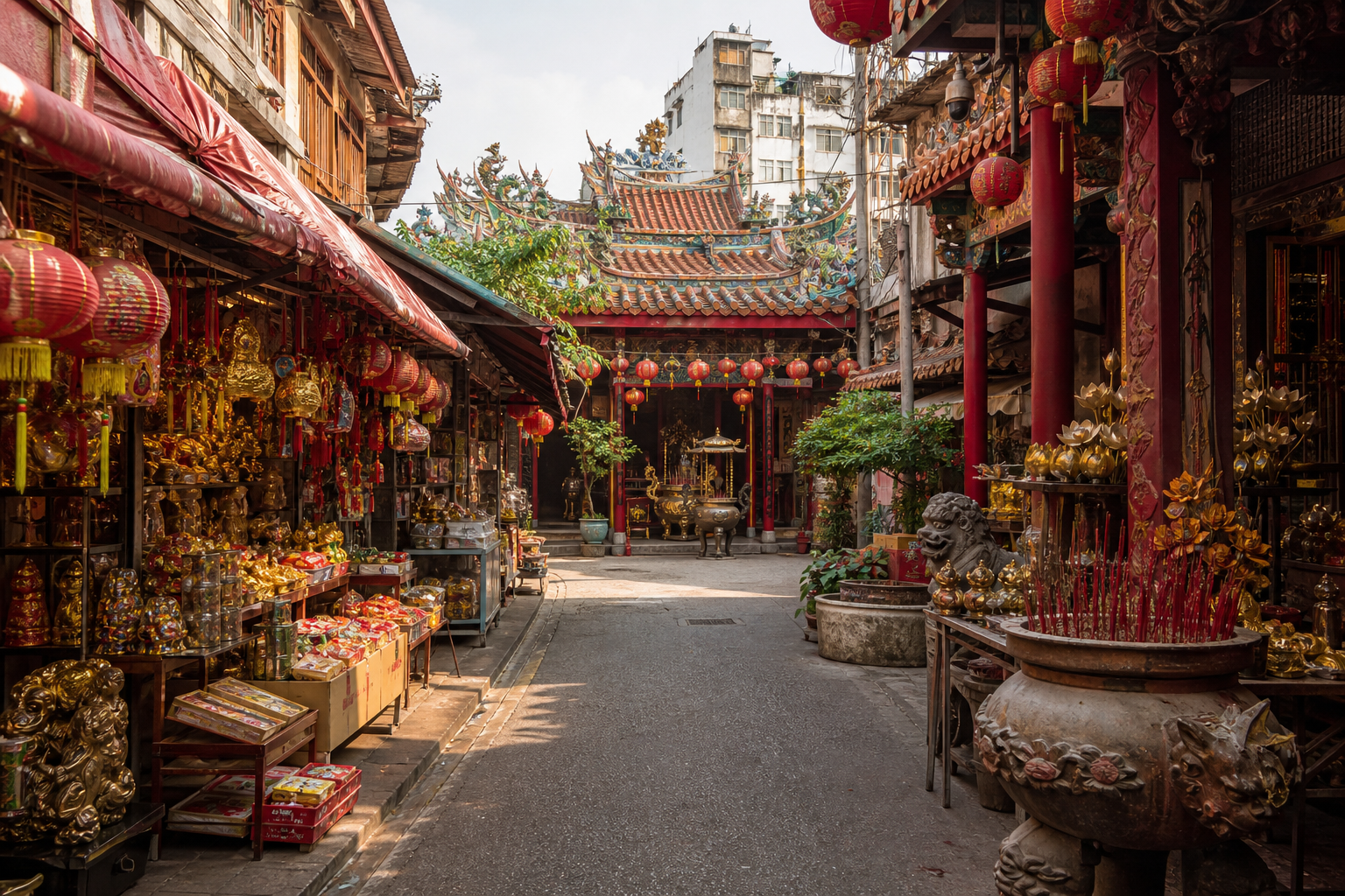 Sampeng Market and Wat Mangkon in Bangkok Chinatown