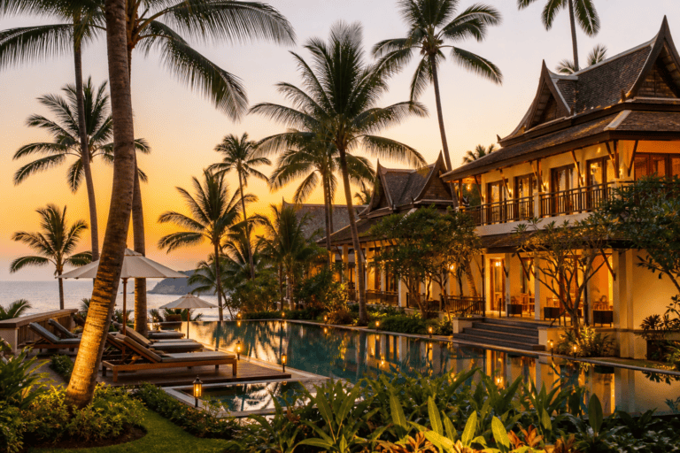 Luxury Thai hotel with tropical pool at golden hour
