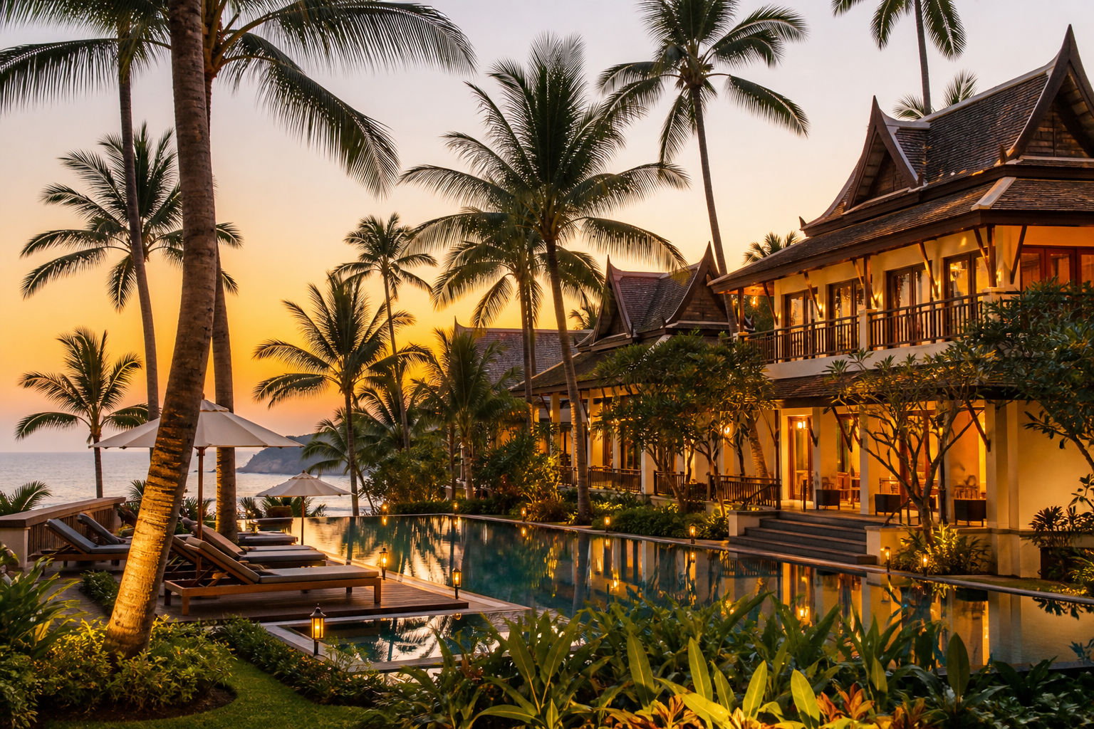 Luxury Thai hotel with tropical pool at golden hour