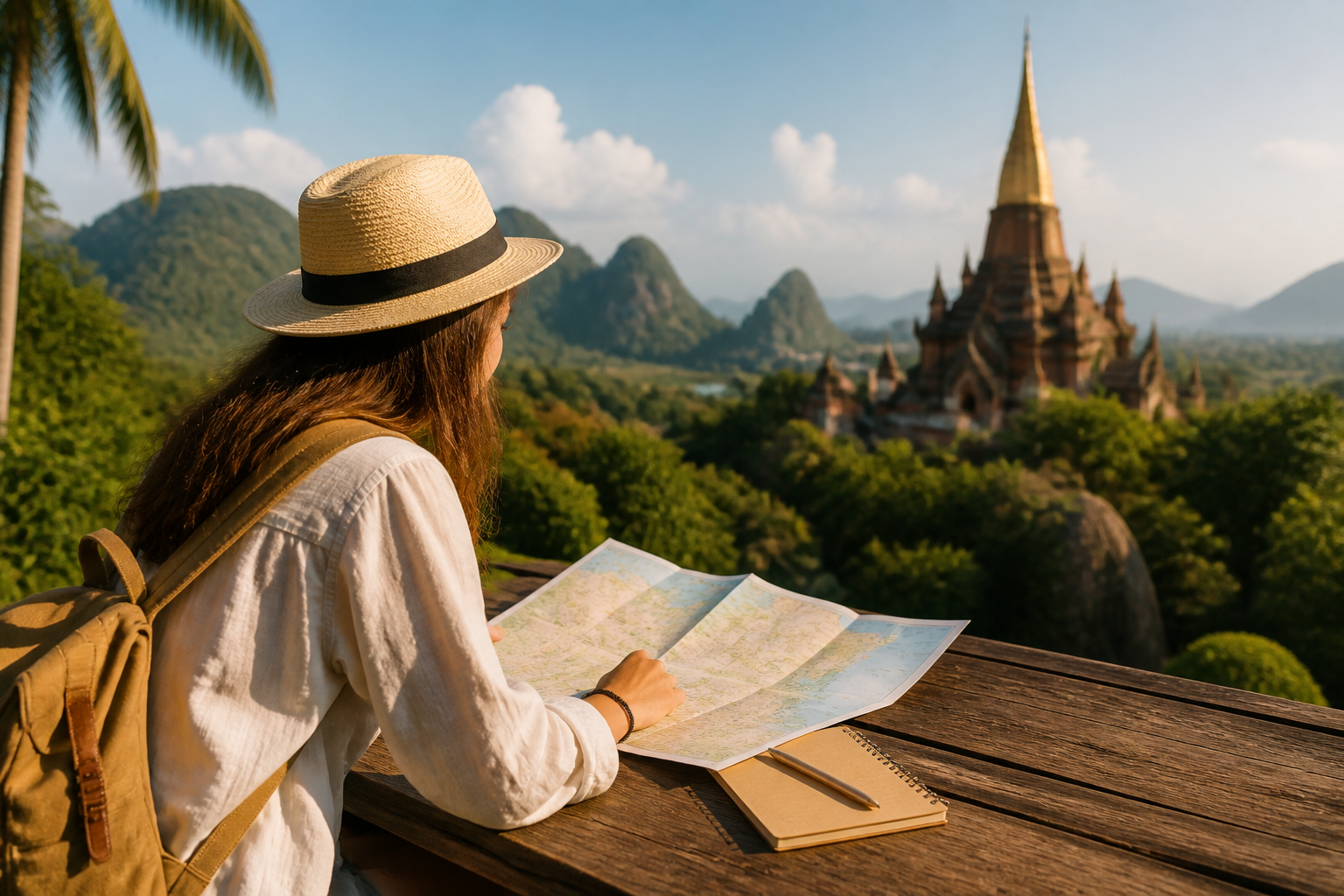 Thailand trip planning map and temple landscape