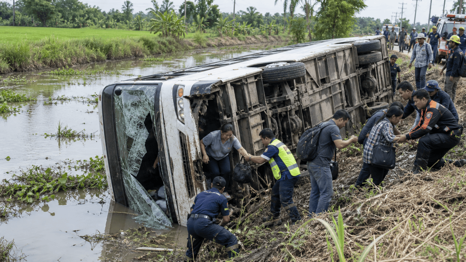 Coach Overturns in Chachoengsao Province