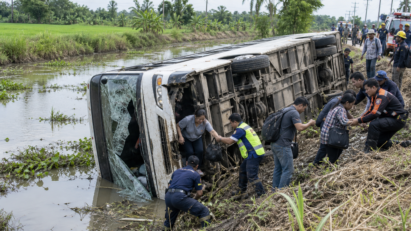 Coach Overturns in Chachoengsao Province