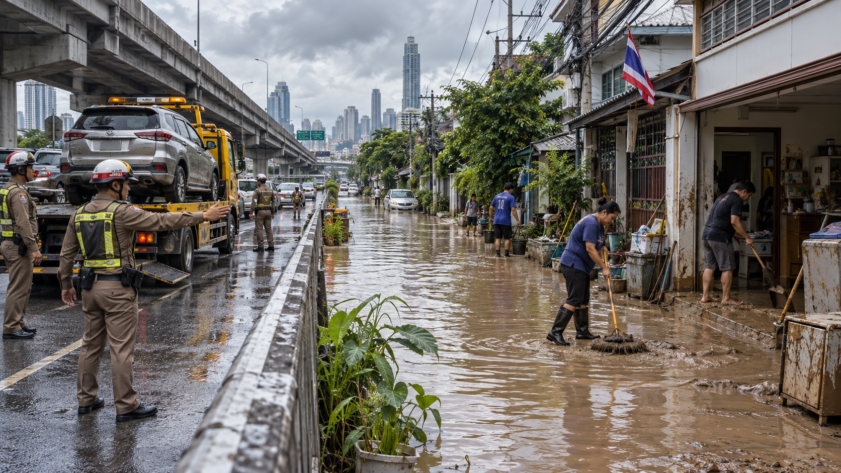 Bangkok Flood Cleanup and Parked Vehicles