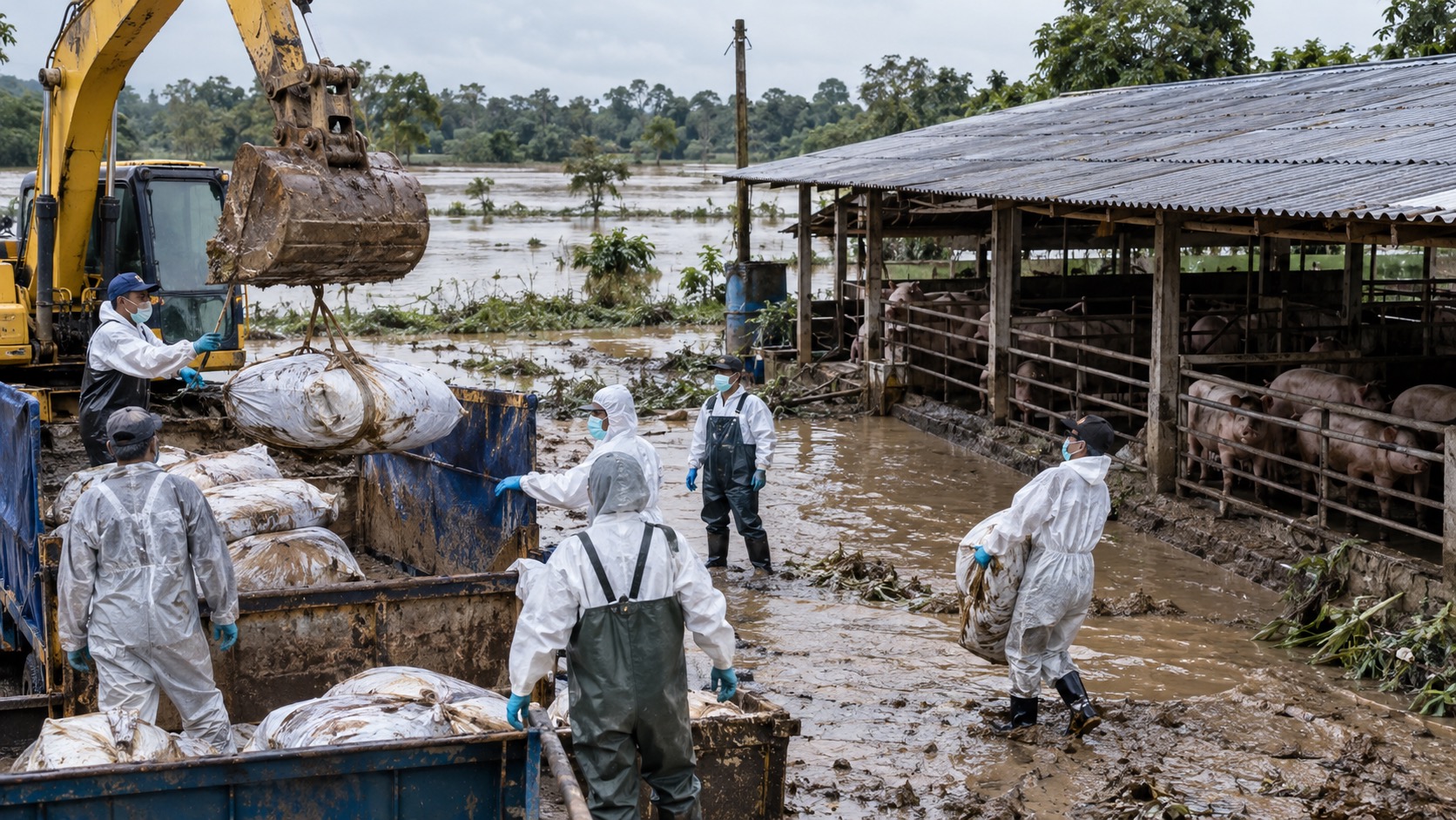 Thailand Flooding and Dead Pigs in Prachinburi